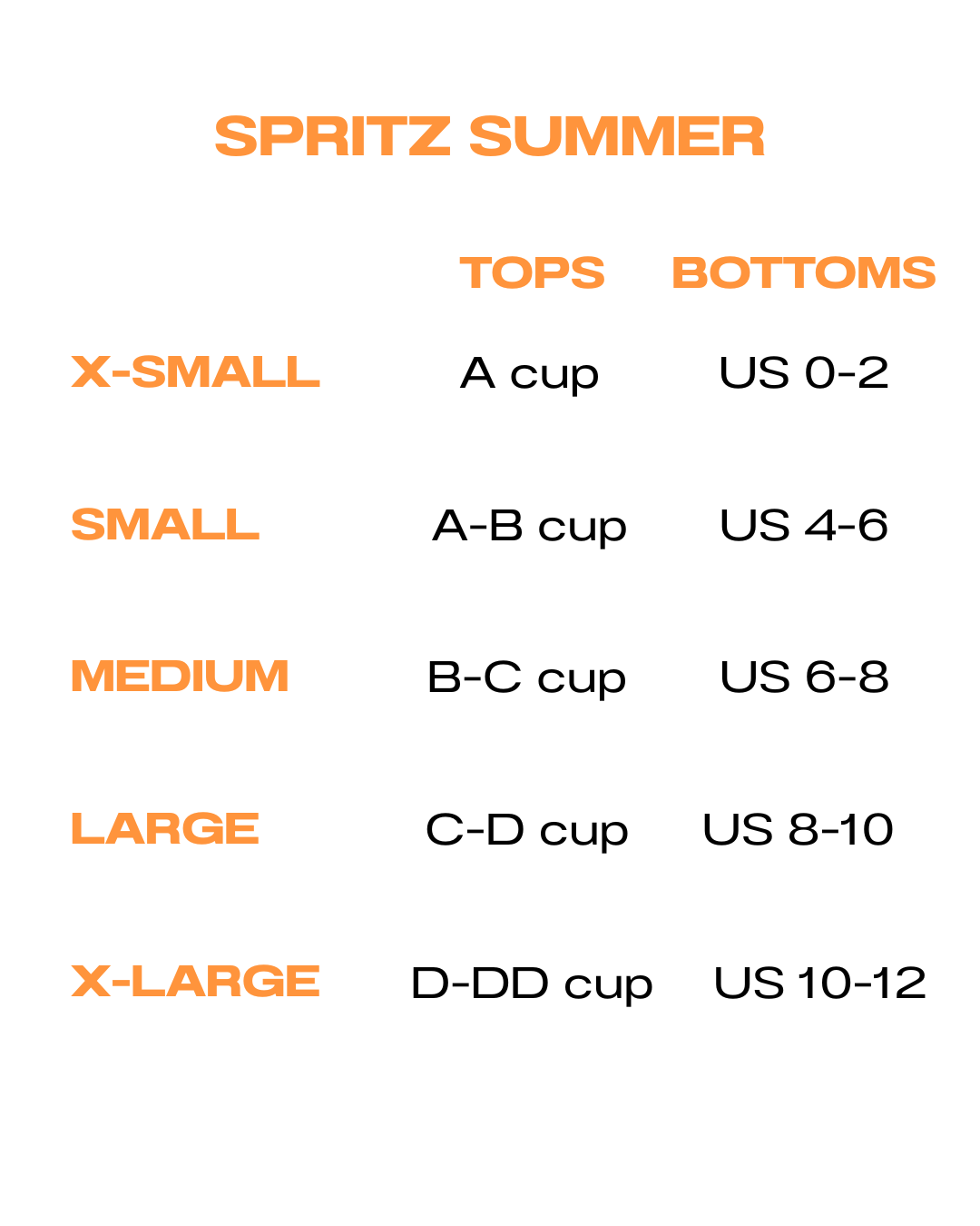 Size chart for Spritz Summer clothing with cup size and US size correspondences.