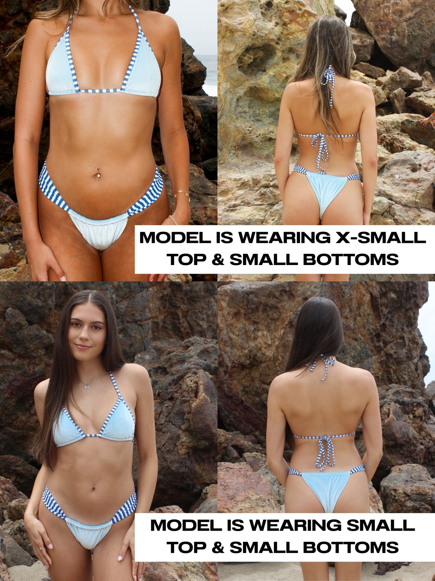 Bikini set worn by a model on rocks with size information displayed.