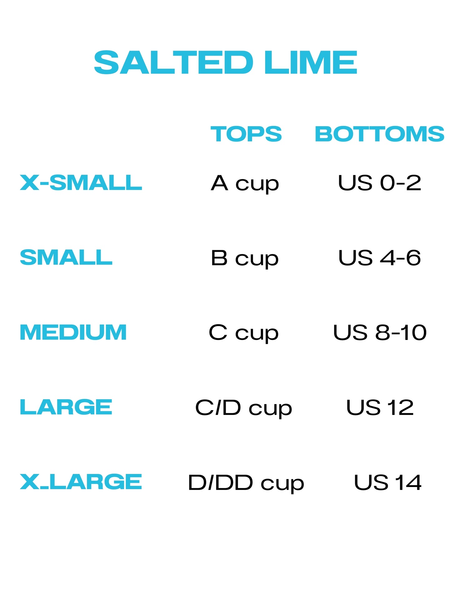 Size chart for 'Salted Lime' clothing with cup sizes and corresponding measurements.