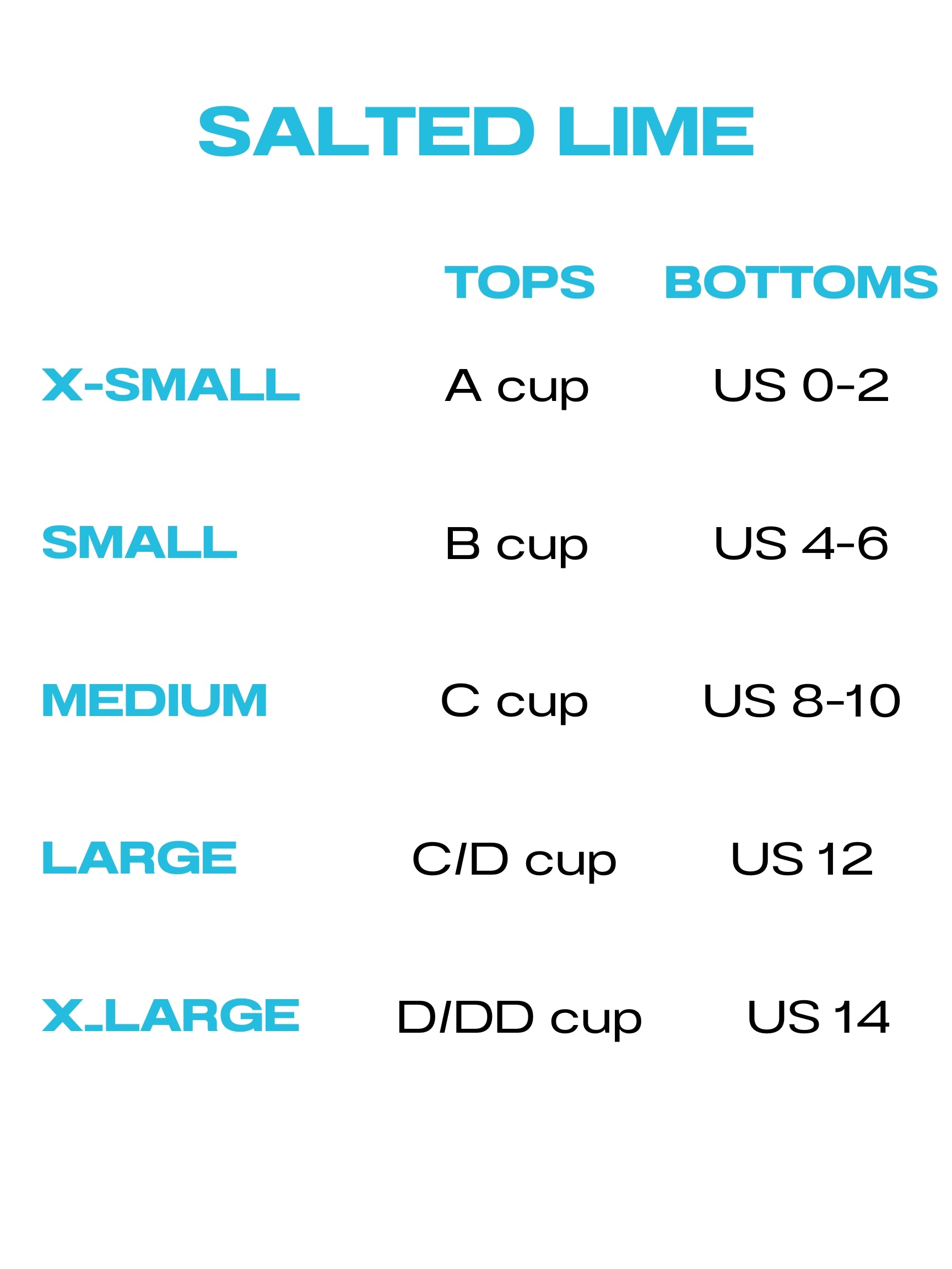 Size chart for 'Salted Lime' clothing with cup sizes and corresponding measurements.