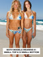 Two women wearing matching bikinis on a beach with text indicating size information.