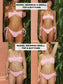 Collage of a woman wearing a pink bikini with text indicating size options.