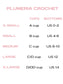 Size chart for Plumeria Crochet tops and bottoms with cup sizes and US size equivalents.