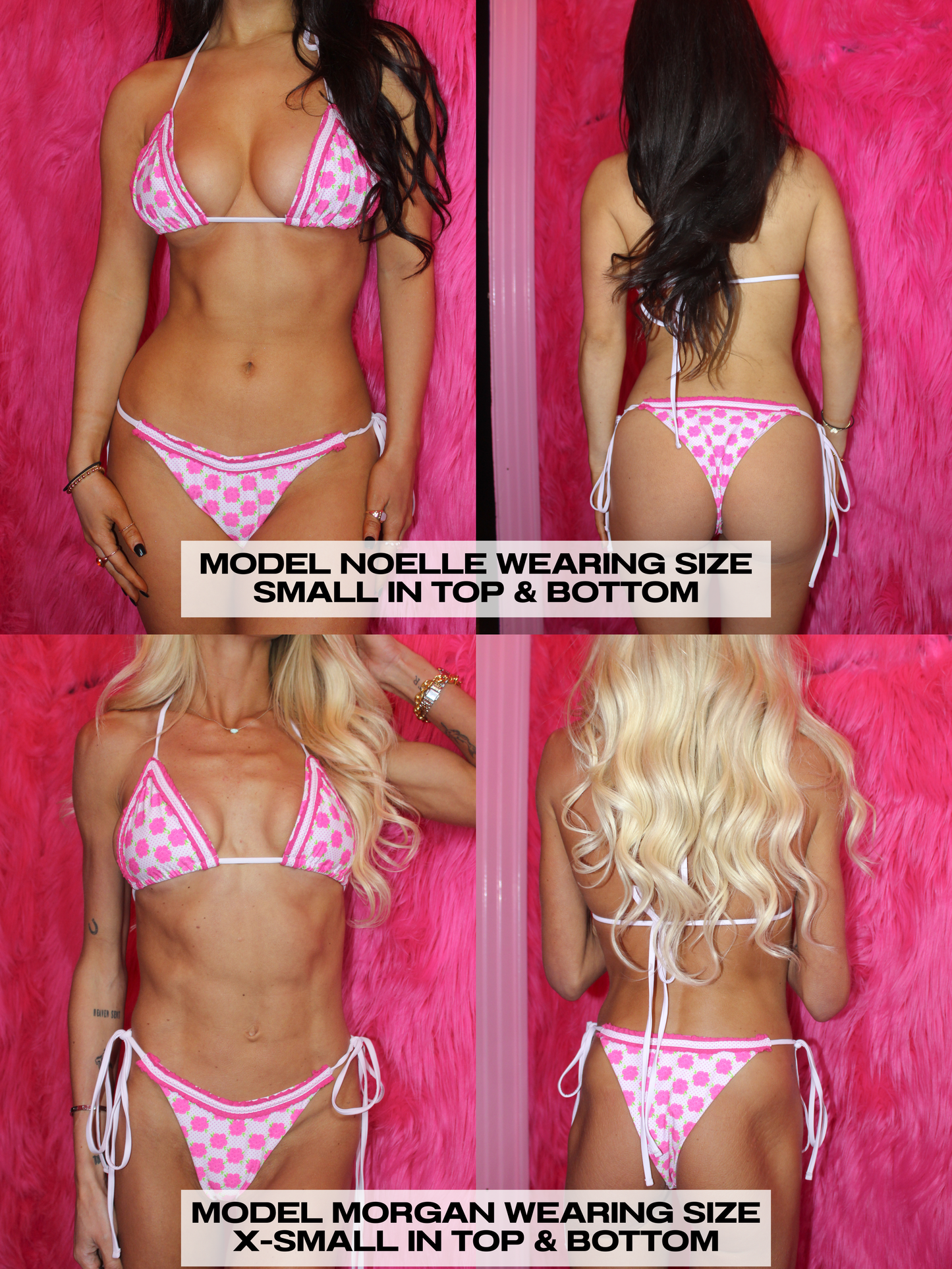 Two models wearing a pink and white polka dot bikini against a pink background.
