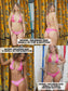 Collage of a model wearing a pink bikini with size labels.