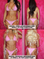 Two models wearing a pink and white polka dot bikini against a pink background.
