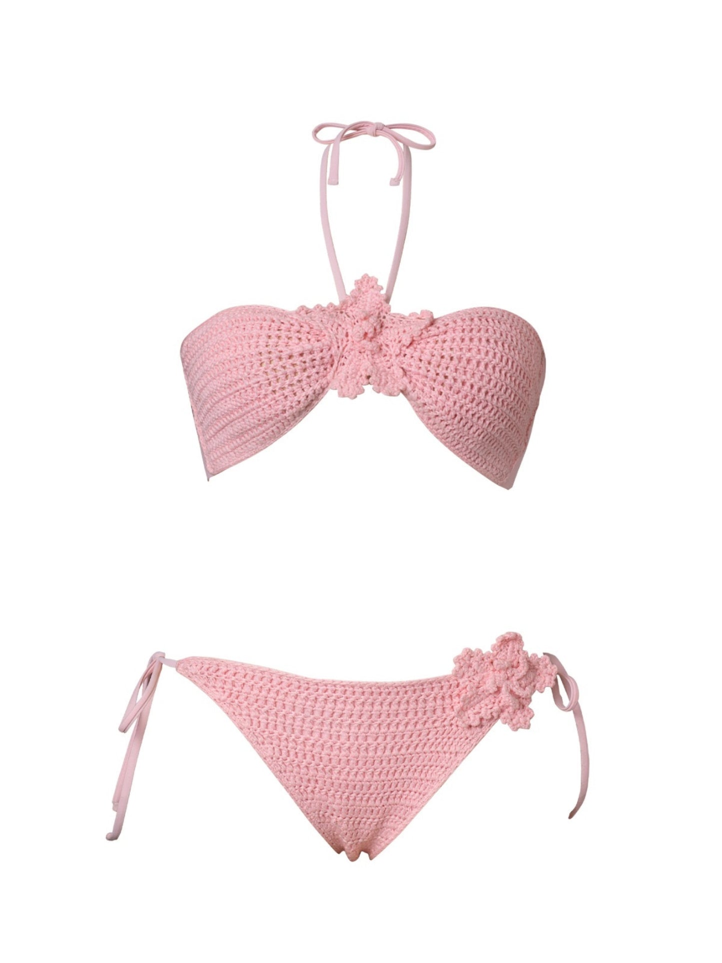 Pink crochet bikini set on a white background