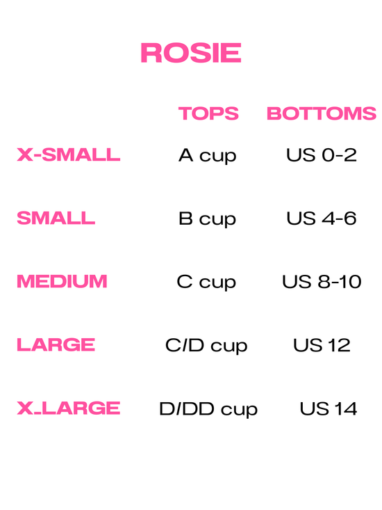 Size chart for 'Rosie' tops and bottoms with cup size and US size information.