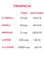 Size chart for Tropica clothing with cup size and US size information.