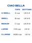Ciao Bella size chart for tops and bottoms with cup sizes.