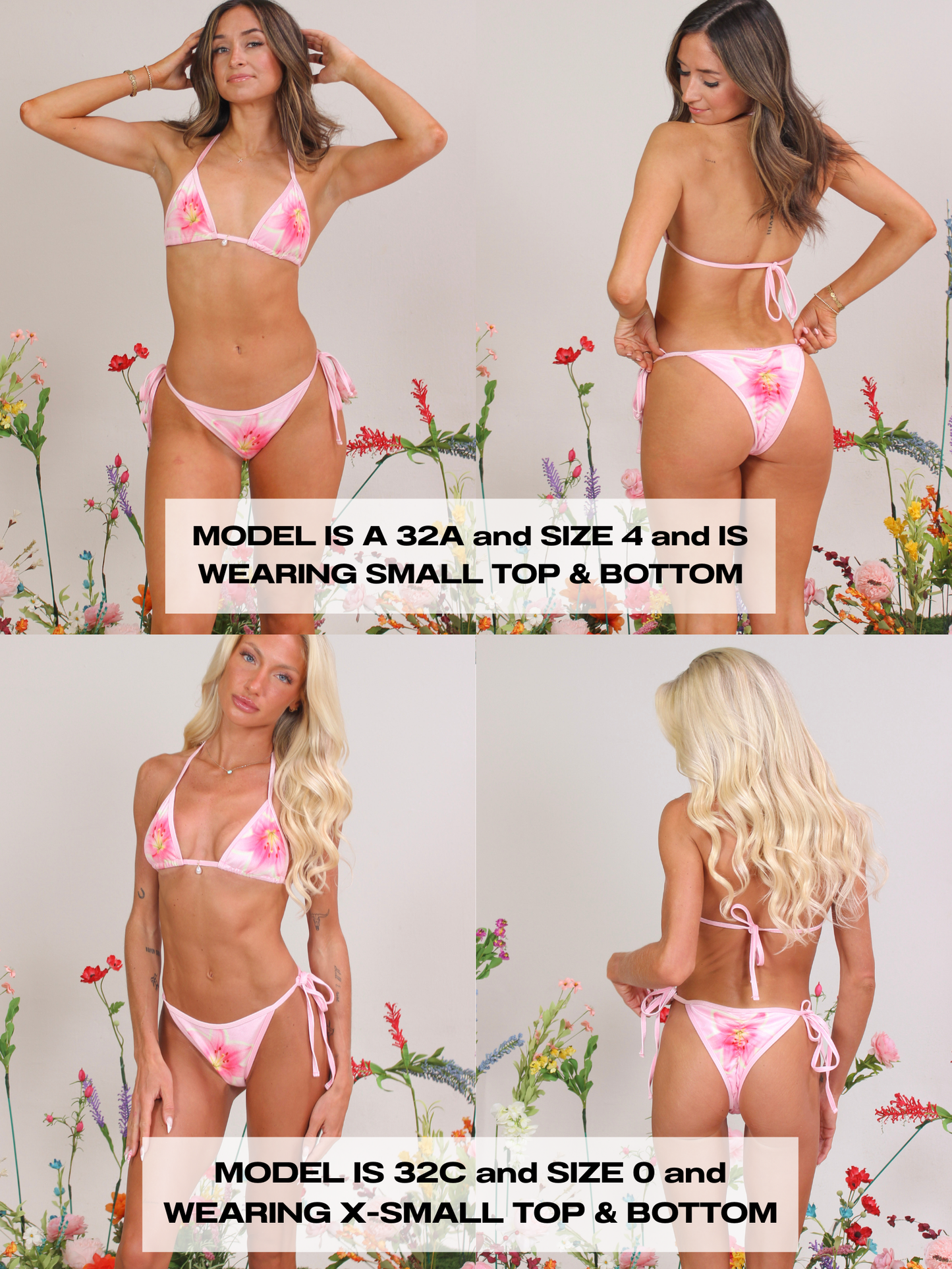 Two models wearing pink floral bikini sets with size and model information displayed.