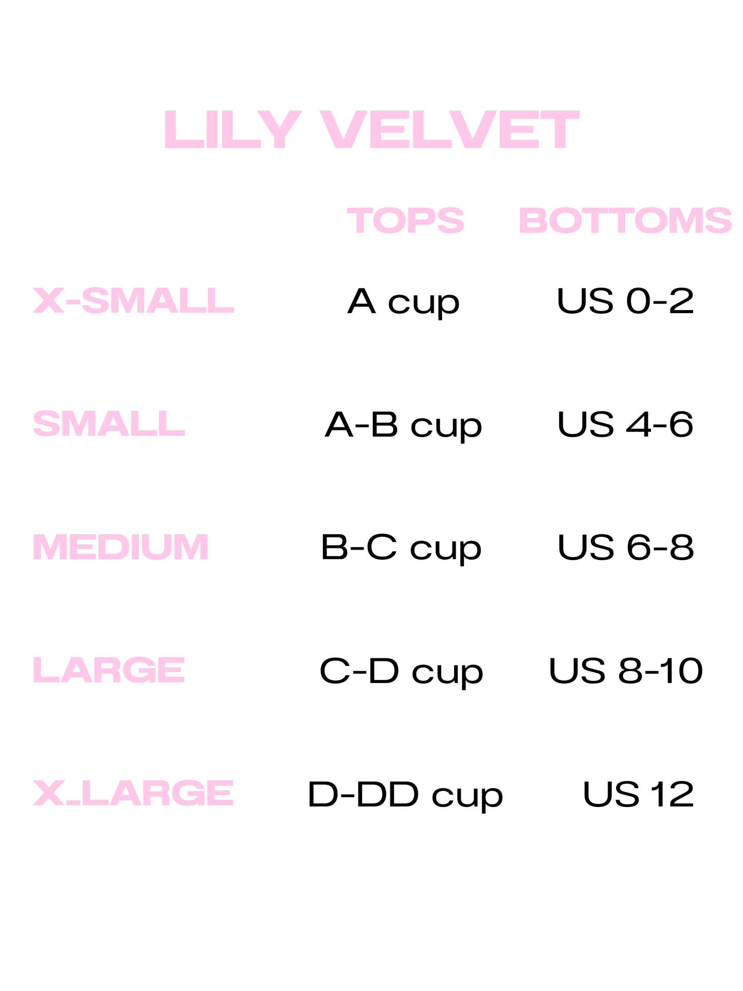 Size chart for tops and bottoms by Lily Velvet on a white background