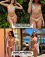 Woman wearing a colorful bikini with text indicating size information, set against a tropical background.