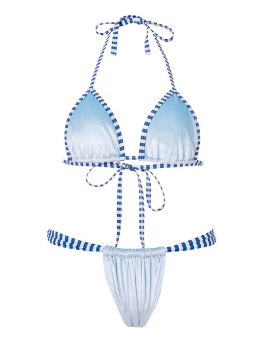 Blue and white striped bikini set on a white background