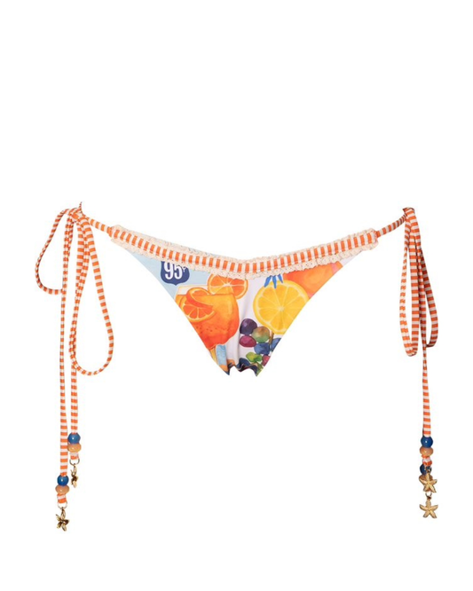Bikini bottom with fruit pattern and decorative straps on a white background