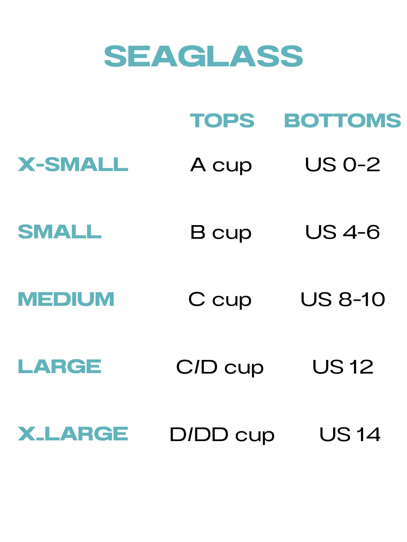 Seaglass sizing chart with cup size and US size info