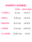 Size chart for tops and bottoms with cup size and US size information on a white background.
