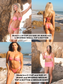 Collage of a woman in a pink bikini on a beach with text about model measurements.