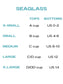 Seaglass sizing chart with cup size and US size info
