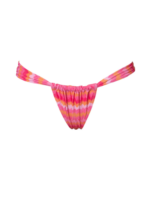 Pink and yellow tie-dye bikini bottom on a white background